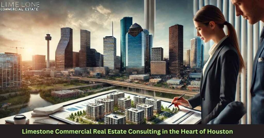 A high-definition landscape image of the Houston skyline, featuring modern office buildings and commercial properties. In the foreground, consultants from Limestone Commercial Real Estate review documents and floor plans, symbolizing professional real estate services for urban commercial development in Houston, TX.